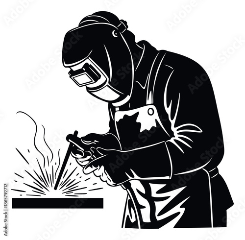 A skilled metalworker wearing protective gear performs precise arc welding, creating bright sparks and fumes, perfect for showcasing industrial occupations and manufacturing processes