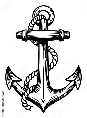 Classic engraved ship anchor with durable coiled rope representing stability, safety, and adventure, ideal for ocean travel promotions or maritime business logos.