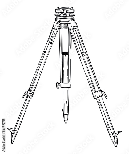 Engineering and construction site survey equipment featuring a precise leveling instrument atop a classic tripod for accurate topographic measurement