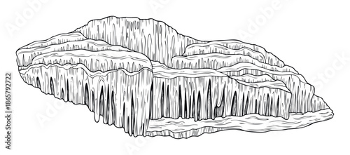 Depicting a complex layered natural rock formation or mineral deposit, this dynamic line drawing is ideal for educational materials, environmental studies, or background elements in various