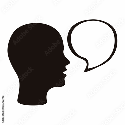 Profile of a person's head with an open mouth and an empty speech bubble symbolizing communication Vector, illustration