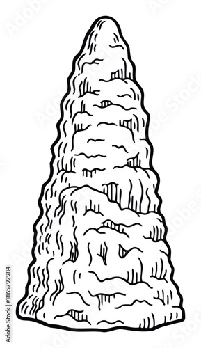Bold hand drawn illustration of a rugged rock or mountain peak, ideal for adding a primitive or textured look to various digital and print media applications.