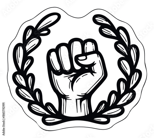 Powerful clenched fist symbol surrounded by a victorious laurel wreath, ideal for conveying strength, protest, solidarity, or achievement in various graphic projects.