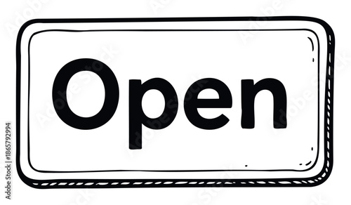 Bold open sign with an expressive handdrawn outline and prominent black lettering, ideal for welcoming customers to shops, restaurants, and various commercial venues, indicating immediate