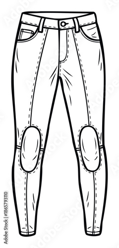 Outline drawing of specialized riding trousers with distinct knee patches and pocket details for equestrian sports apparel design, tailoring guides, or clothing blueprints