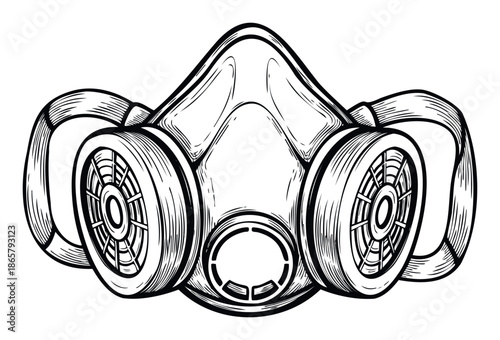 Detailed schematic drawing of a halfface respirator mask for air filtration, essential for occupational safety, chemical handling, and environmental protection projects