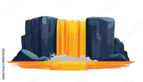 Cartoon Waterfall Scene with Rocks and Golden Water Flowing.