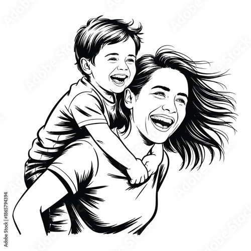 Joyful Mother Giving Piggyback Ride to Laughing Son Depicting Happiness Family Bonding Together Cherishing Precious Moments Full of Love