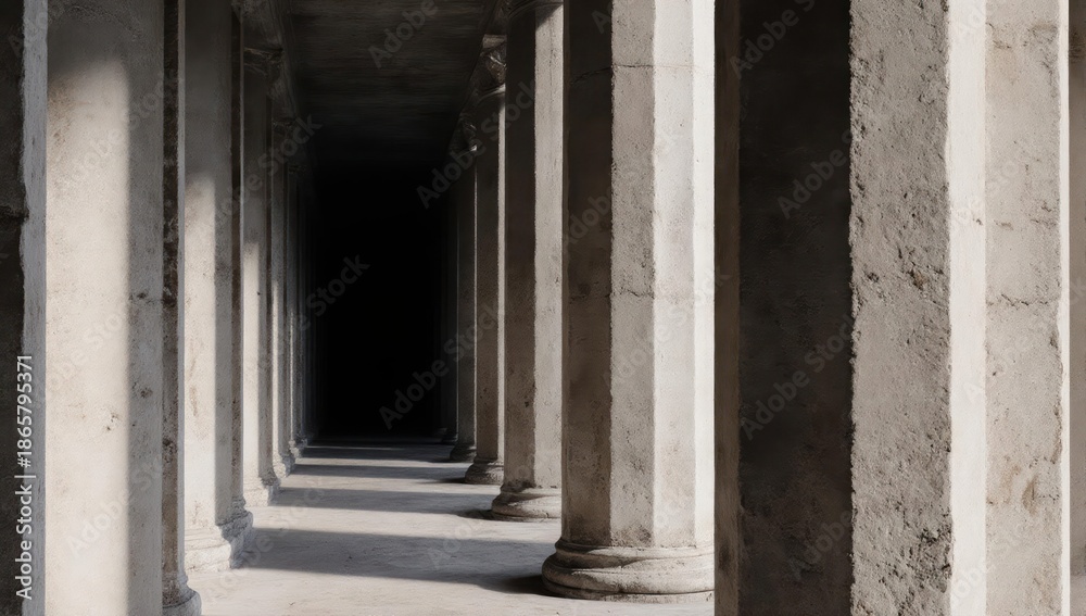 Fototapeta premium Concrete columns create a dark, long tunnel perspective, casting shadows