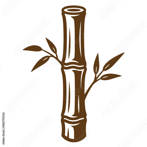 Vintage brown bamboo stem with leaves isolated on white background