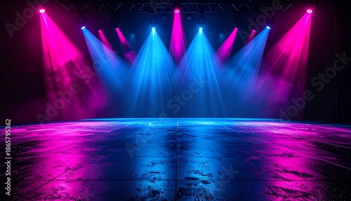 Empty stage illuminated by vibrant pink & blue spotlights against a dark, smokey background