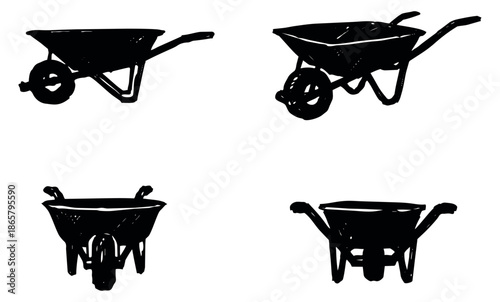 Hand drawn wheelbarrow set featuring various views for garden and construction projects