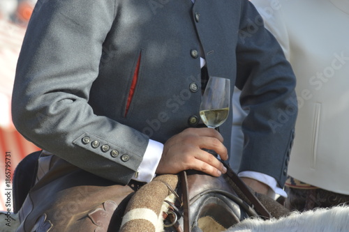 A glass of wine in the world famous Feria de abril from Seville,  Andalusia,  Spain 