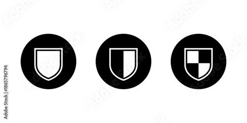 Shield icon set in black circle. Security and protection symbol. Privacy, safety, and defense sign