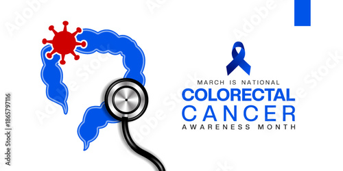 March Is National Colorectal Cancer Awareness Month. Stomach, stethoscope and cancer. Great for cards, banners, posters, social media and more. White background.  