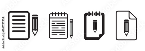 Harmonious Notepad Logos. Order Notepad. Set Logo of Order Notepad: notepad with pen and lines. Icon set. harmonious logo variations of the same emblematic