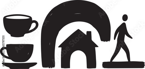 Silhouette of a person walking towards a house with rainbow