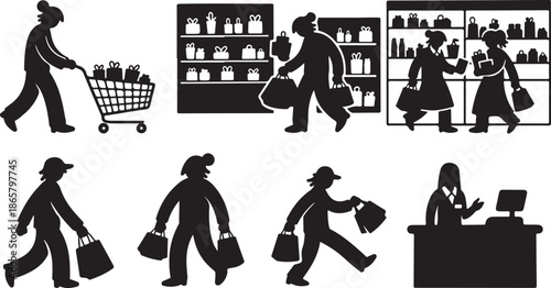 Silhouettes of people shopping at a store