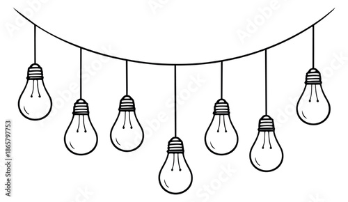Hand drawn line art string light set featuring hanging light bulbs for decoration and celebration