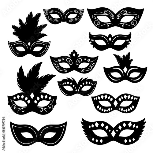 “Decorative masquerade masks illustrated as flat vector silhouettes, modern editorial design, clean and stark visual style.”