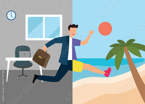 
Split View of Businessman Running from Office to a Tropical Beach Vacation