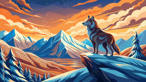 Wolf standing on snowy mountain ridge under dramatic sky