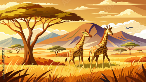 Giraffes walking across golden African grassland