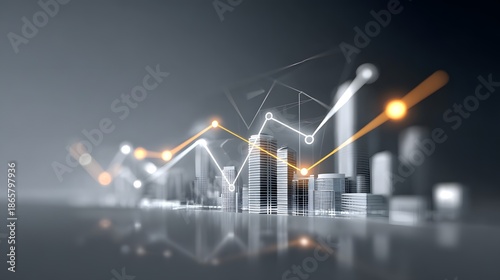 A double exposure image of a modern city skyline blended with financial charts and glowing data points, representing global investment growth, clean corporate style, strong copy space on right,