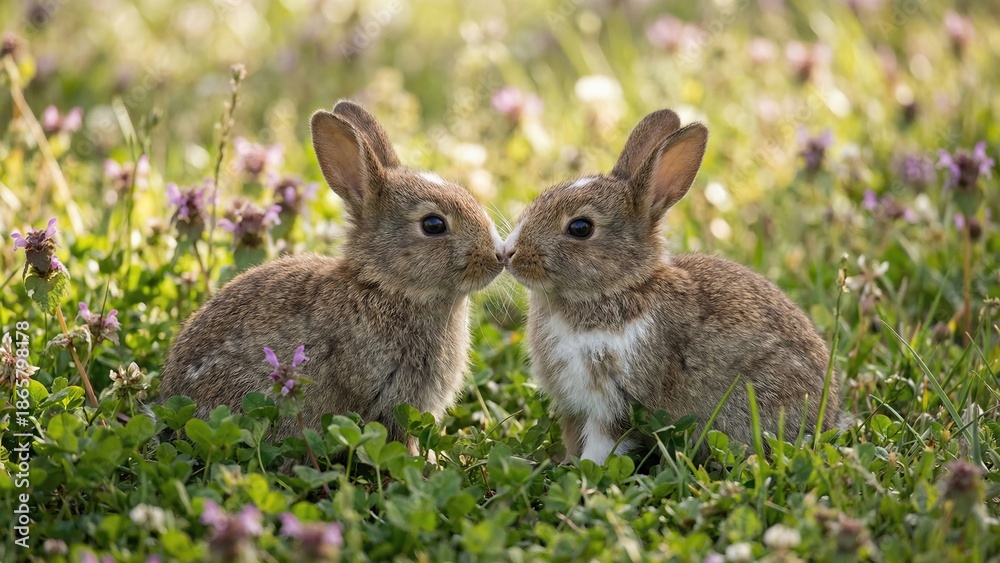 Fototapeta premium Two cute bunny rabbit in spring meadow showing affection, symbolizing love, for greeting card on Valentine day as a romantic animal relationship.