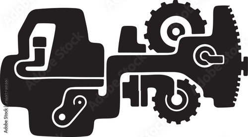 Black and white industrial machine gear icon
