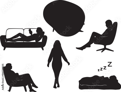 Silhouettes of people sleeping and talking in various positions