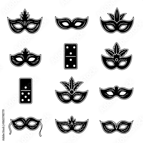 “Masquerade mask icon pack, flat monochrome vector design, isolated on white, clean UI/UX style.”