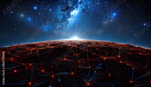 Abstract Global Network with Bright Sunburst Sunrise Over Starry Night Sky and Planetary Grid