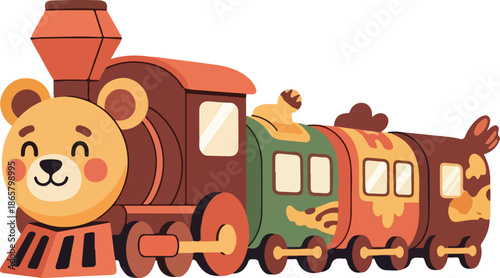 A cheerful vector cartoon train character with a bear's head, presented in a colorful composition with a locomotive and carriages. Perfect for children's books, educational materials, and