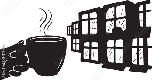 Hand holding steaming cup of coffee near city building silhouette