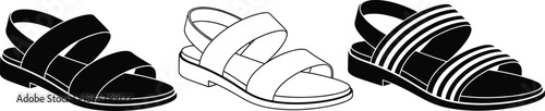 Minimal sandal footwear silhouettes set with modern flat straps design isolated on white background fashion vector illustration
