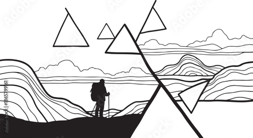 Hiker standing on mountain peak with triangles and lines landscape