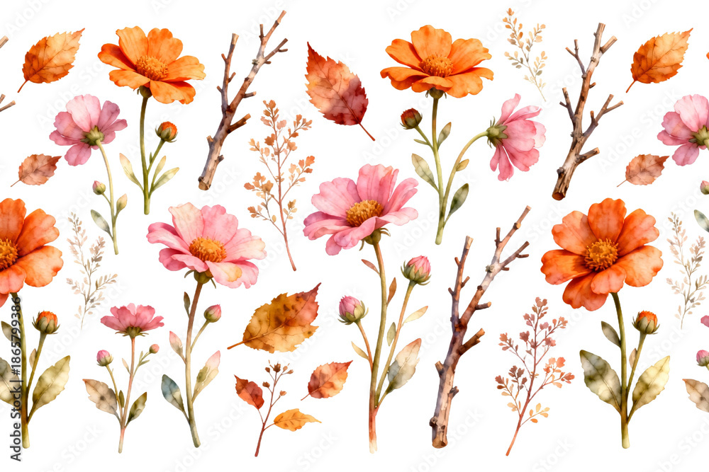 Obraz premium Watercolor Autumn Flowers and Branches Pattern