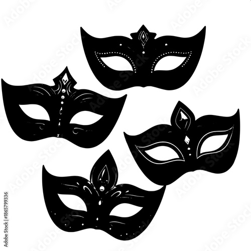 “Ornate black masquerade masks with cat-eye and teardrop eye cutouts, digital illustration, refined minimalist aesthetic.”