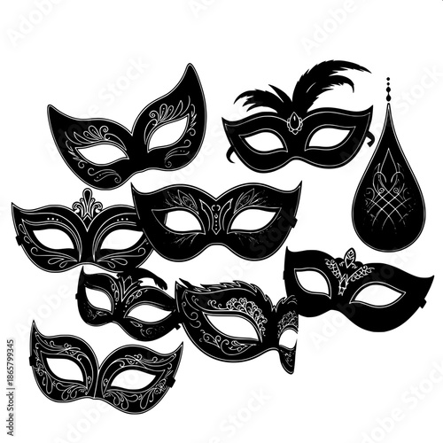 “Ornate black masquerade masks with cat-eye and teardrop eye cutouts, digital illustration, refined minimalist aesthetic.”