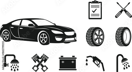 Car maintenance and auto service illustration with vehicle silhouette tools spare parts and washing icons isolated vector design