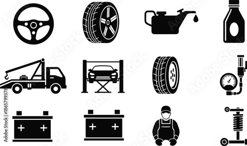 Car service and auto repair silhouette icon set with tools tires battery maintenance equipment isolated vector illustration