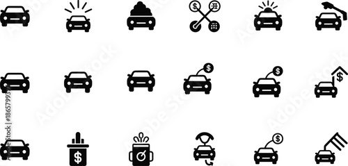 Car insurance and auto finance icon set showing coverage costs protection payments and vehicle services isolated vector illustration
