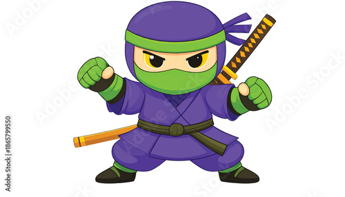 Cartoon Ninja Character Ready for Action with Swords.