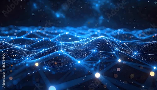 Abstract Network Grid With Blue Glowing Lights And Dark Cosmic Background In Digital Futuristic Style