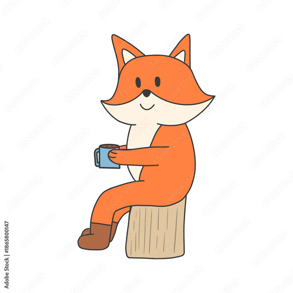 Fototapeta premium Cute Fox Character Drinking Coffee in Flat Cartoon Style
