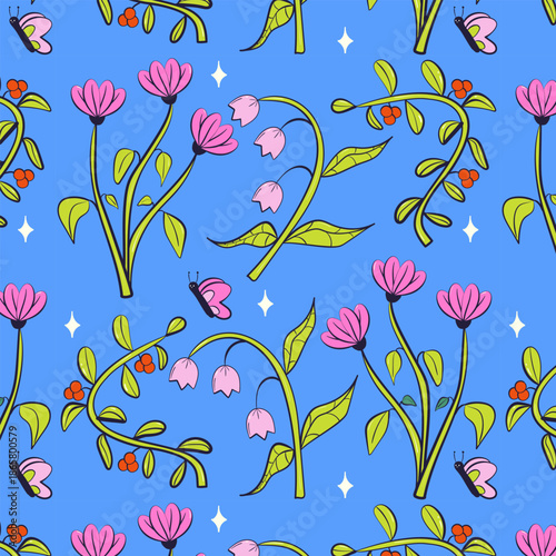Colorful flowers seamless pattern. Spring doodle flowers. Flat vector pattern.