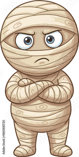 Cartoon mummy character, Halloween figure, wrapped bandages, expressive eyes, spooky pose, unhappy face, fantasy theme, horror icon, flat vector illustration