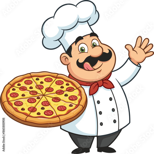 Cartoon pizza chef, Italian cook, smiling character, red neckerchief, mustache, waving hand, pepperoni pizza, restaurant mascot, flat vector illustration