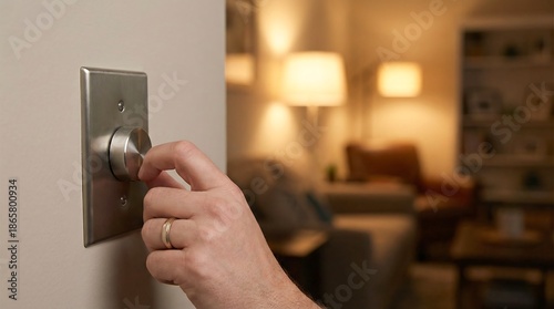 Man adjusting light switch dimmer in living room. Home automation system for modern smart house. Energy saving concept.
